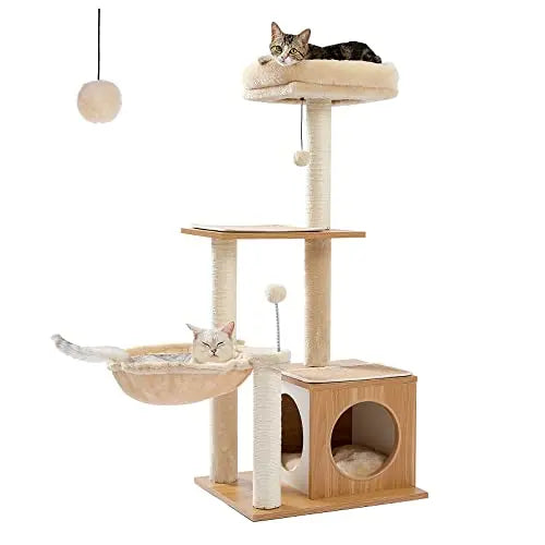 PEQULTI Cat Tree Modern Cat Tower for Indoor Cats,Multilevel Cat Play House with Large Condo, Spacious Hammock, Cozy Top Perch,Scratching Post and Dangling Balls PEQULTI