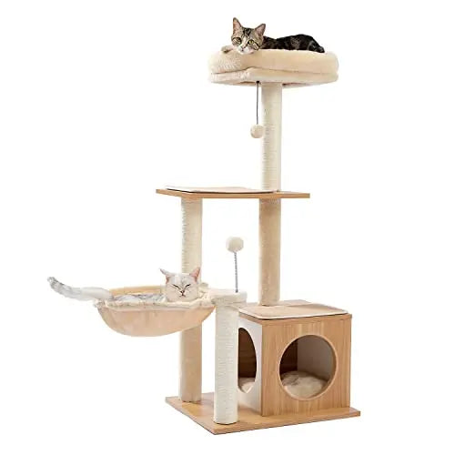 PEQULTI Cat Tree Modern Cat Tower for Indoor Cats,Multilevel Cat Play House with Large Condo, Spacious Hammock, Cozy Top Perch,Scratching Post and Dangling Balls PEQULTI