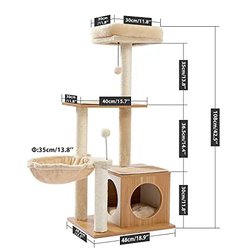 PEQULTI Cat Tree Modern Cat Tower for Indoor Cats,Multilevel Cat Play House with Large Condo, Spacious Hammock, Cozy Top Perch,Scratching Post and Dangling Balls PEQULTI