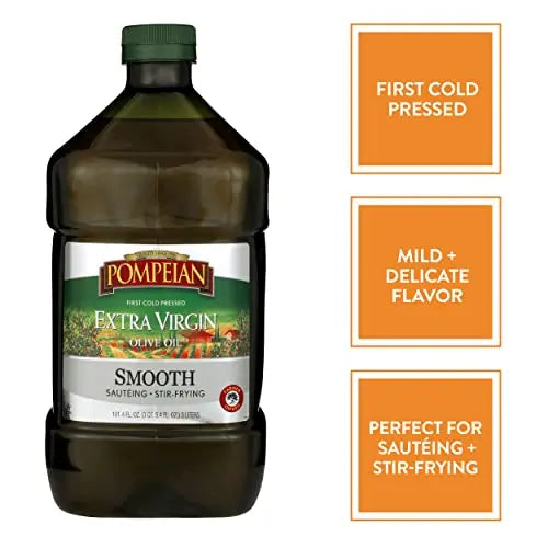 Pompeian Smooth Extra Virgin Olive Oil, First Cold Pressed, Mild and Delicate Flavor, Perfect for Sauteing and Stir-Frying, Naturally Gluten Free, Non-Allergenic, Non-GMO, 101 Fl Oz., Single Bottle Pompeian