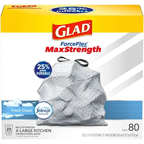 Glad Trash Bags, ForceFlexPlus XL X-Large Kitchen Drawstring Garbage Bags - 20 Gallon Grey Trash Bag, Fresh Clean with Febreze Freshness 80 Count (Package May Vary) - Yodymarket