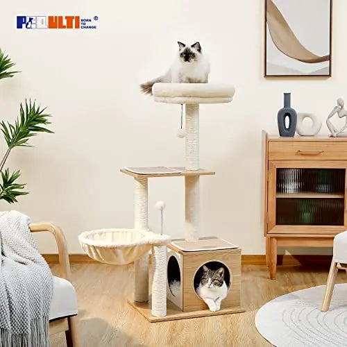 PEQULTI Cat Tree Modern Cat Tower for Indoor Cats,Multilevel Cat Play House with Large Condo, Spacious Hammock, Cozy Top Perch,Scratching Post and Dangling Balls PEQULTI