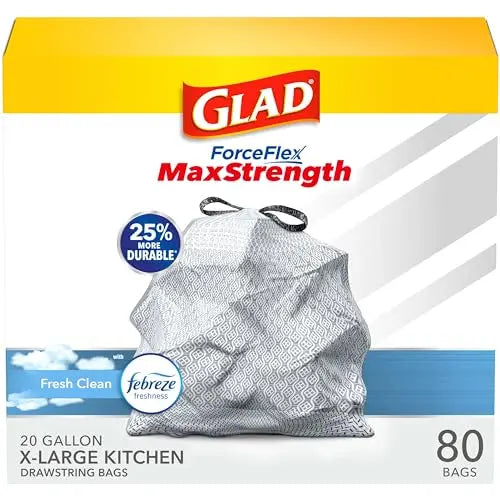 Glad Trash Bags, ForceFlexPlus XL X-Large Kitchen Drawstring Garbage Bags - 20 Gallon Grey Trash Bag, Fresh Clean with Febreze Freshness 80 Count (Package May Vary) - Yodymarket