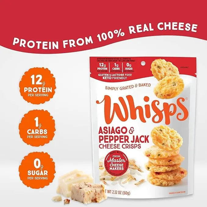 Whisps Cheese Crisps Variety Pack | Protein Chips | Healthy Snacks | Protein Snacks, Gluten Free, High Protein, Low Carb Keto Food | Parmesan, Cheddar Cheese, Asiago, Pepper Jack (2.12 Oz, 6 Pack) Whisps