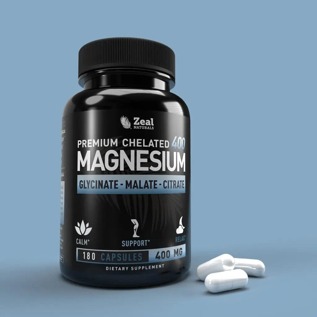 Premium Chelated Magnesium Complex – 400mg Triple Blend (180 Capsules) Zeal Naturals