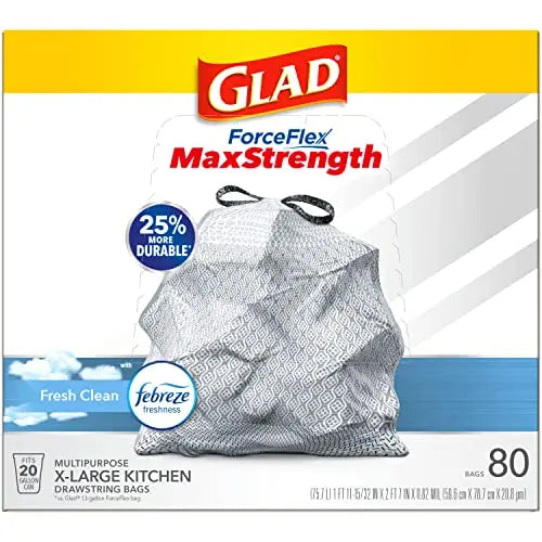 Glad Trash Bags, ForceFlexPlus XL X-Large Kitchen Drawstring Garbage Bags - 20 Gallon Grey Trash Bag, Fresh Clean with Febreze Freshness 80 Count (Package May Vary) - Yodymarket