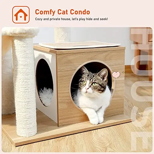 PEQULTI Cat Tree Modern Cat Tower for Indoor Cats,Multilevel Cat Play House with Large Condo, Spacious Hammock, Cozy Top Perch,Scratching Post and Dangling Balls PEQULTI