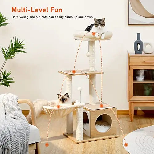 PEQULTI Cat Tree Modern Cat Tower for Indoor Cats,Multilevel Cat Play House with Large Condo, Spacious Hammock, Cozy Top Perch,Scratching Post and Dangling Balls PEQULTI