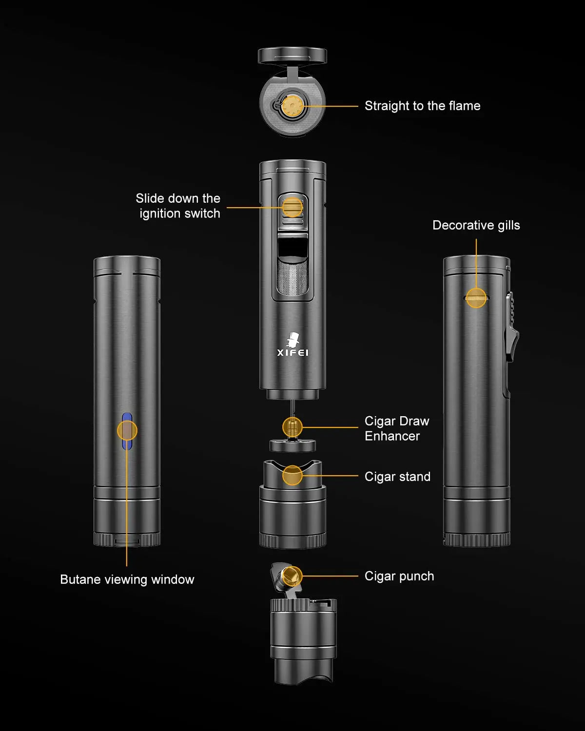 XIFEI Cigar Lighter, Cigar Puncher, Cigar Draw Enhancer, Cigar Stand, All-in-one Lighter (Gun ash) XIFEI