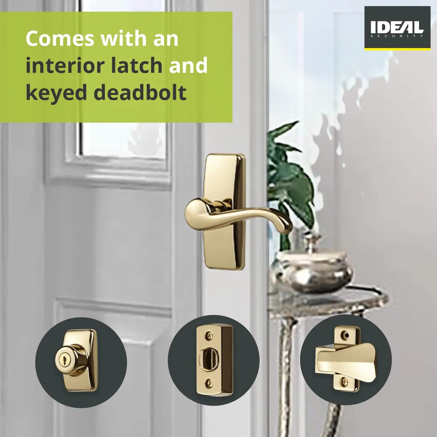 Ideal Security Door Lever with Deadbolt Lock for Storm and Screen Doors, Bright Brass Ideal Security