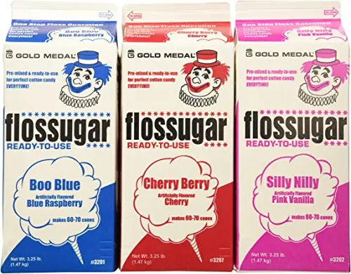 Cotton Candy Floss Sugar-Blue Raspberry, Pink Vanilla & Cherry- 3.25 lbs. (3 pack) Gold Medal