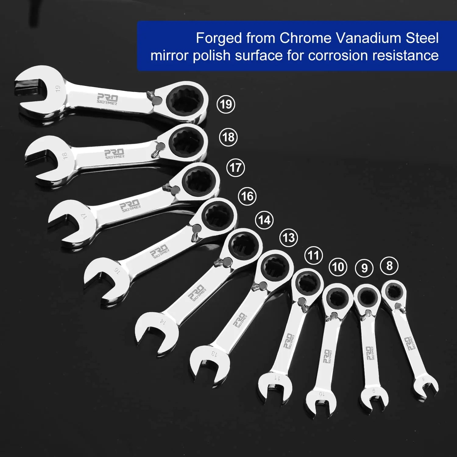 Prostormer 10-Piece Stubby Reversible Ratcheting Wrench Set (8-19mm) Prostormer