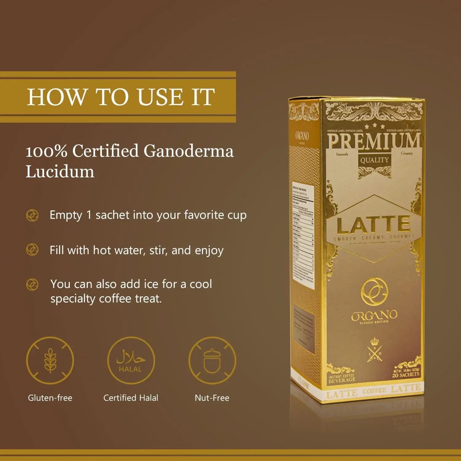 ORGANO Gourmet Cafe Latte, 100% Certified Ganoderma Lucidum (1 Box of 20 Sachets) Organo