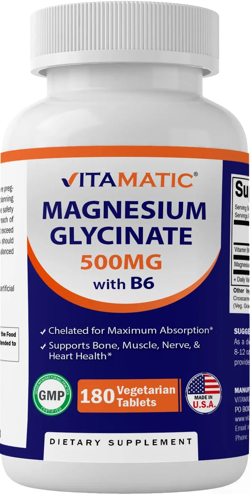 Vitamatic Magnesium Glycinate 500mg - 2 Packs of 180 Veg Tablets with B6 Vitamatic