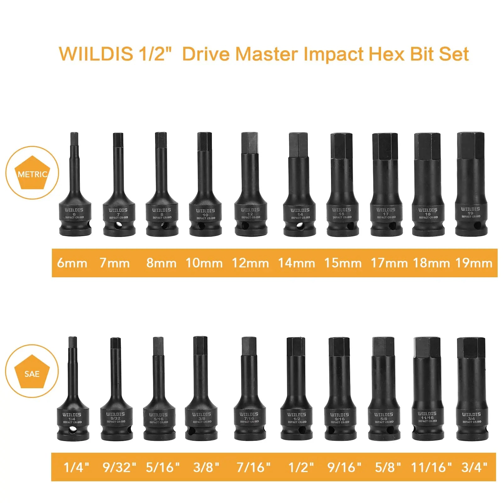 WIILDIS 1/2" Drive Master Impact Hex Bit Set, Hex Driver, 20-Piece 1/2" WIILDIS