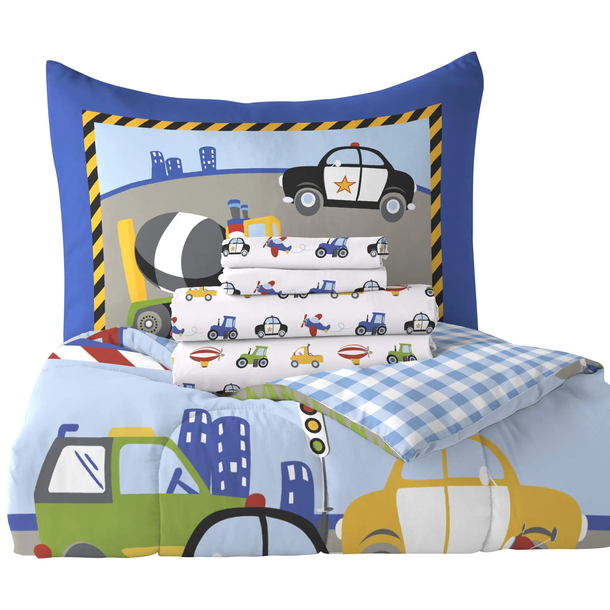 Dream Factory 5-Piece Bedding Set - Trucks, Tractors & Cars, Twin Size, Blue & Red dream FACTORY