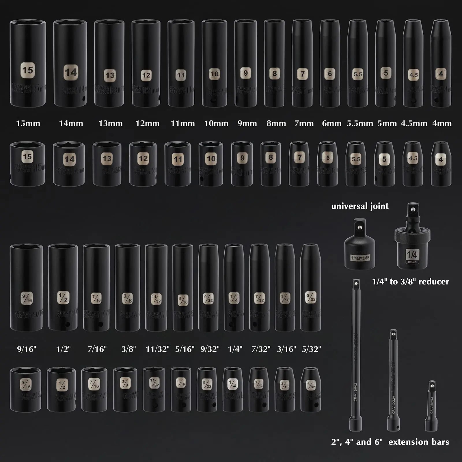 EMENTOL 55PCS 1/4" Drive Impact Socket Set - Deep & Shallow, EMENTOL