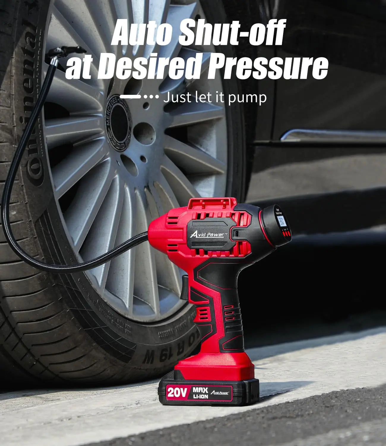 AVID POWER Tire Inflator Portable Air Compressor, 20V Cordless Car Tire Pump, Rechargeable Battery Powered Air Compressor w/12V DC Adapter, Digital Pressure Gauge AVID POWER