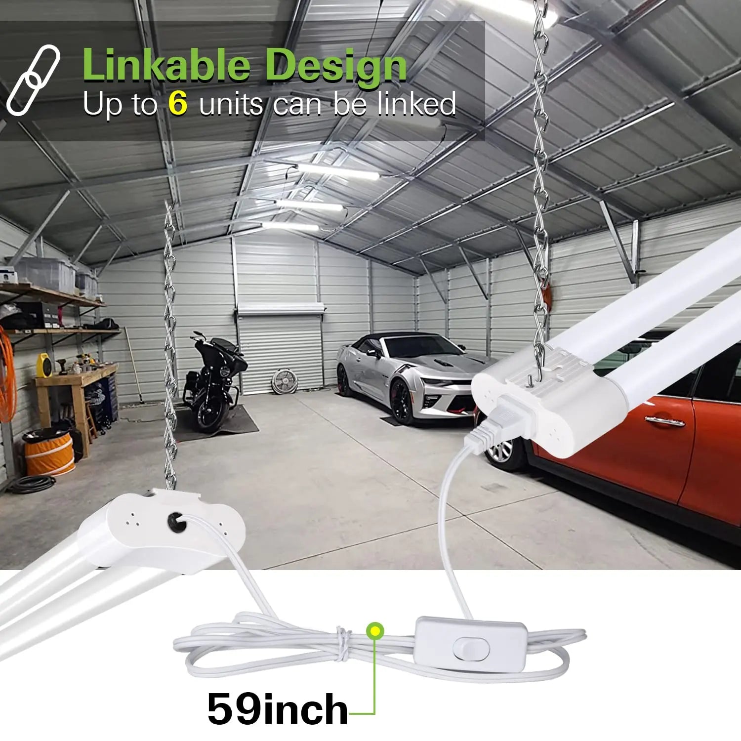 4 Pack 4FT LED Shop Light Linkable, 4400lm, 42w(250w Equivalent), 5000K Utility Shop Lights, Hanging or Flush Mount, with Power Cord and On/Off Switch hykolity