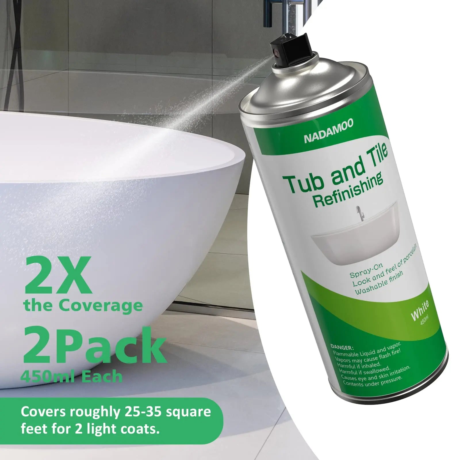 NADAMOO White Bathtub & Tile Refinishing Spray Paint Kit (2 Pack) – 450ml NADAMOO