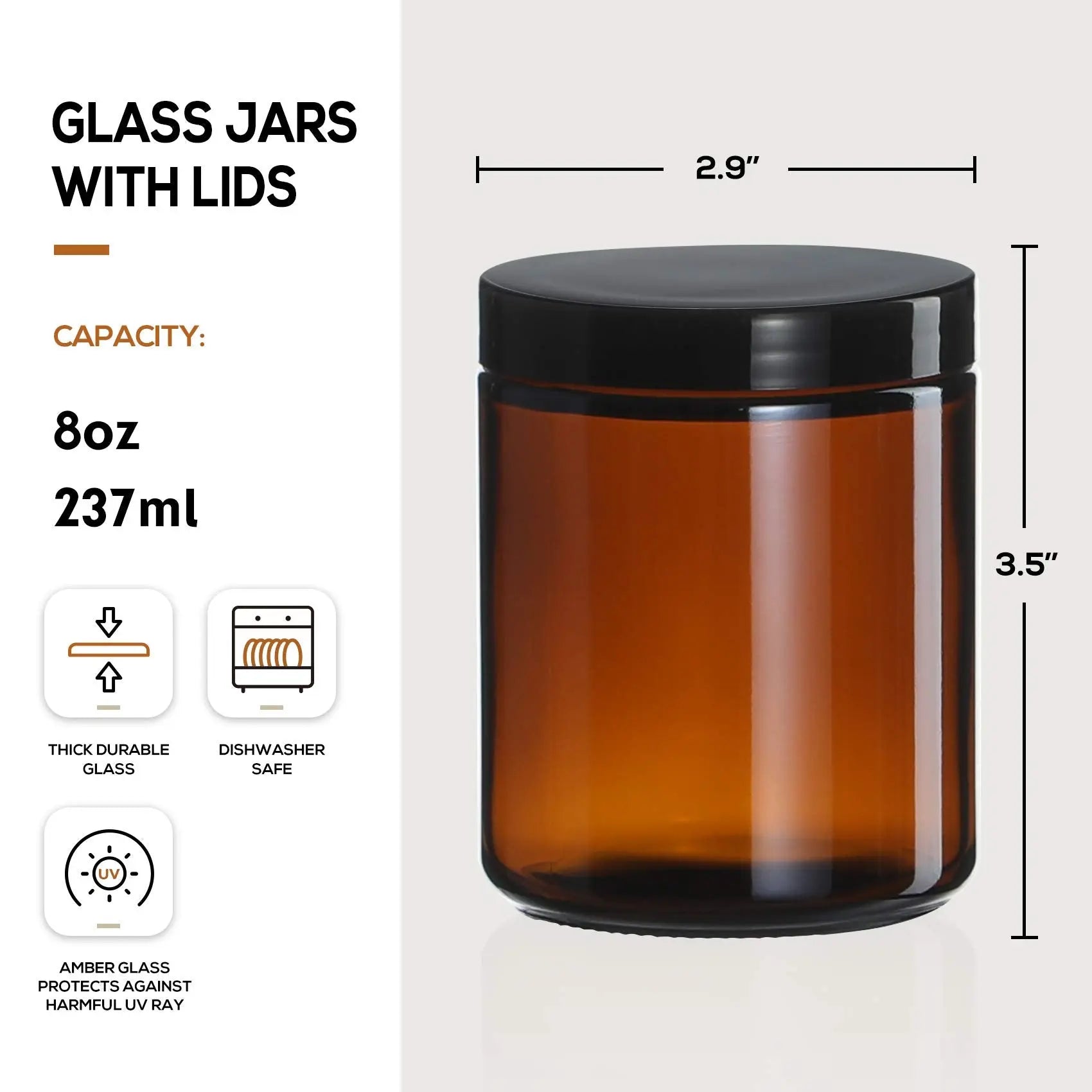 12 Pack 8 OZ Amber Glass Jars with Metal & Plastic Lids AOZITA