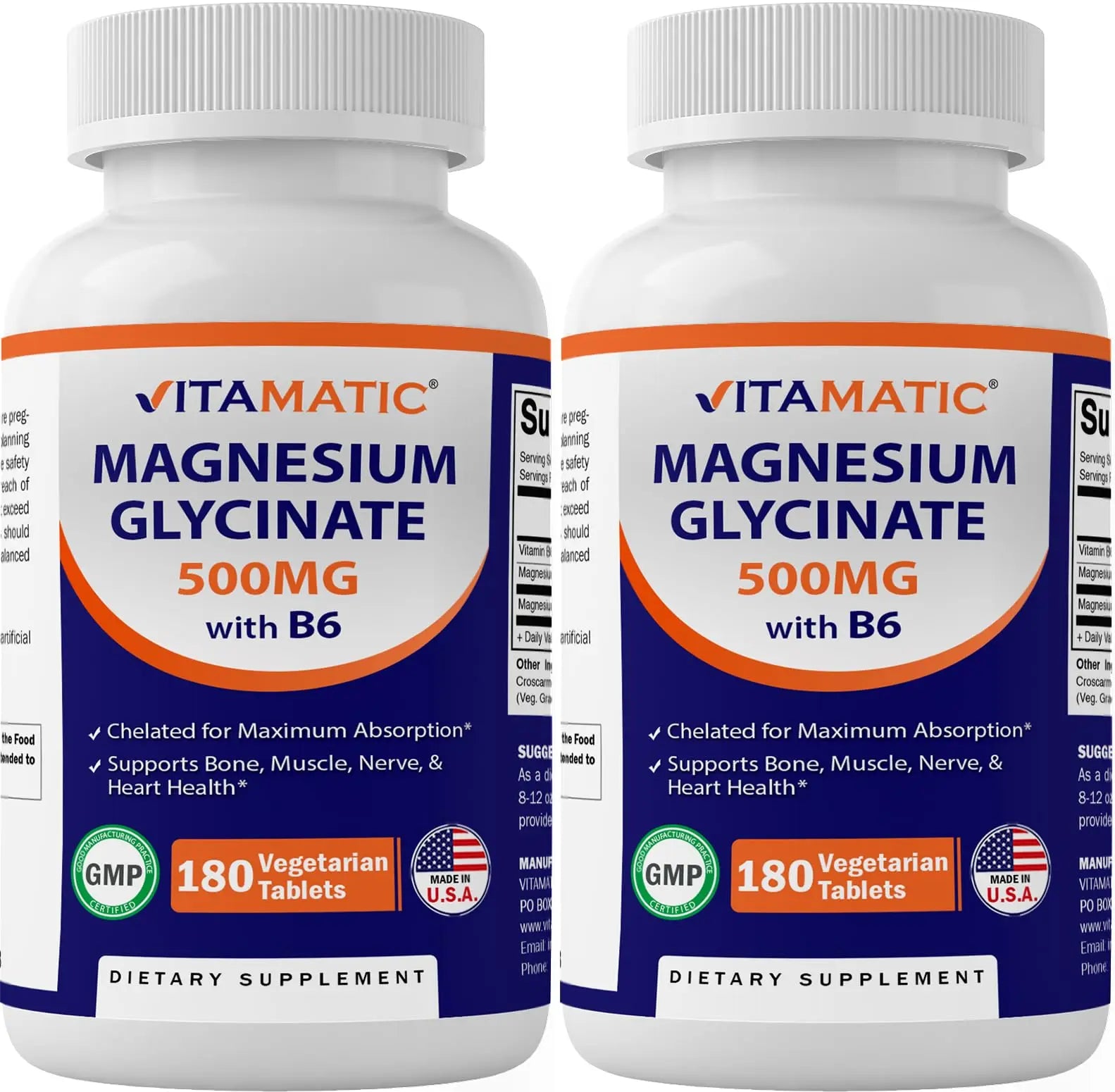 Vitamatic Magnesium Glycinate 500mg - 2 Packs of 180 Veg Tablets with B6 Vitamatic