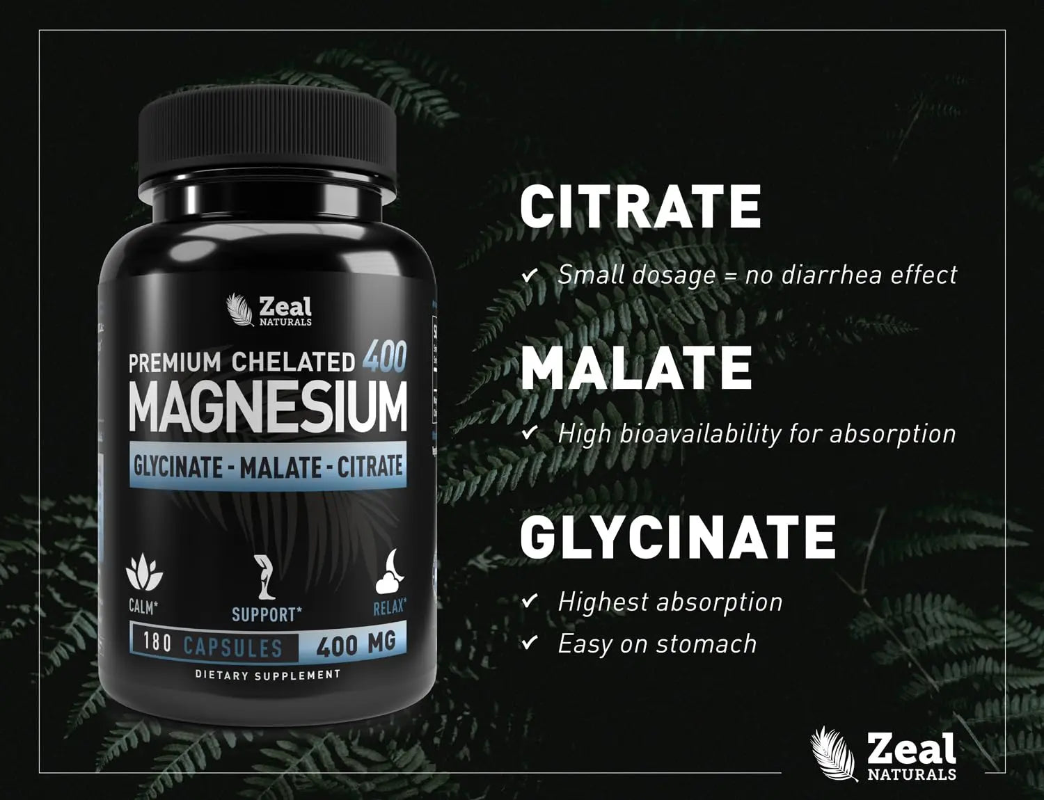 Premium Chelated Magnesium Complex – 400mg Triple Blend (180 Capsules) Zeal Naturals