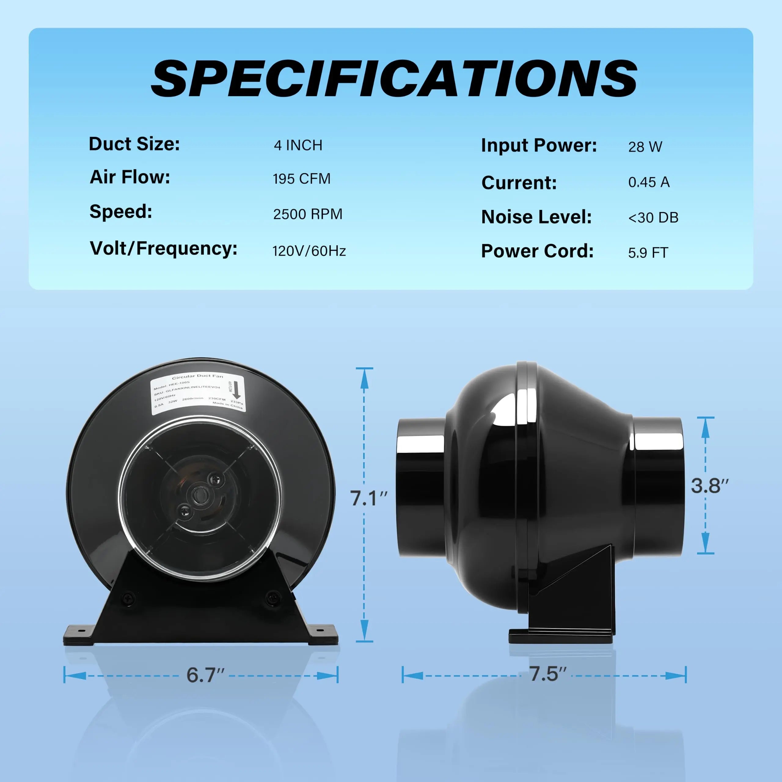 HealSmart 4-Inch 195 CFM Exhaust Inline Duct Fan for Grow Tents HealSmart