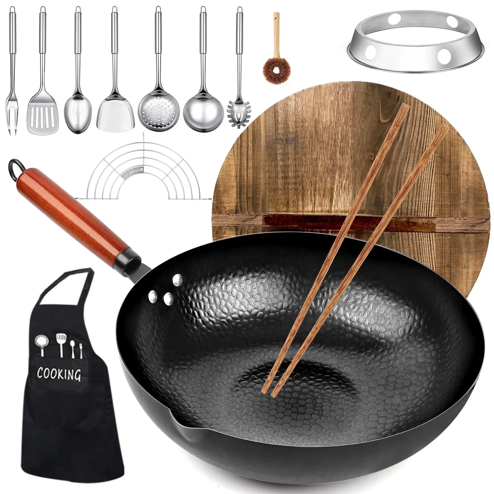 KAQINU 14-Piece Carbon Steel Wok Set - 12.6" with Wooden Lid kaqinu