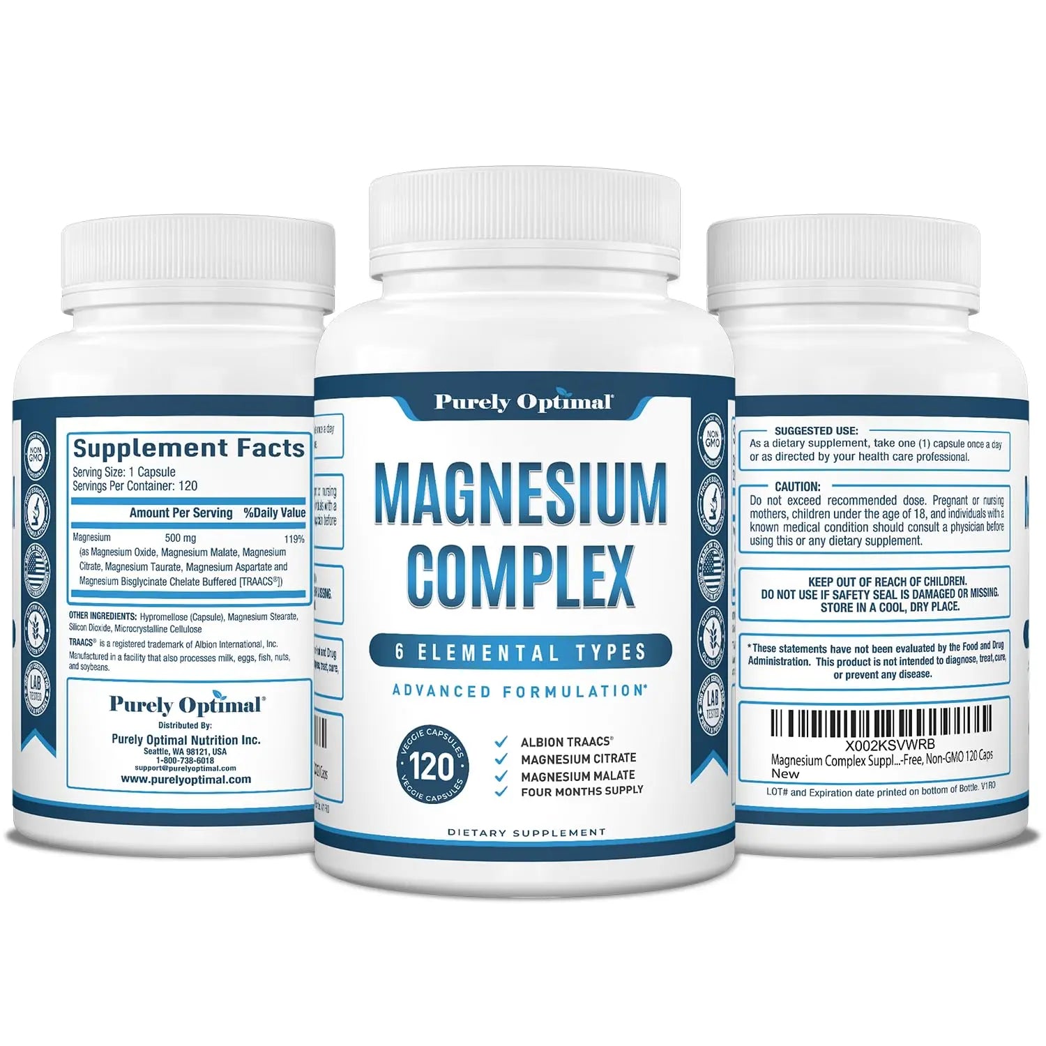 Magnesium Complex 500mg - Sleep & Muscle Support - 120 Caps Purely Optimal