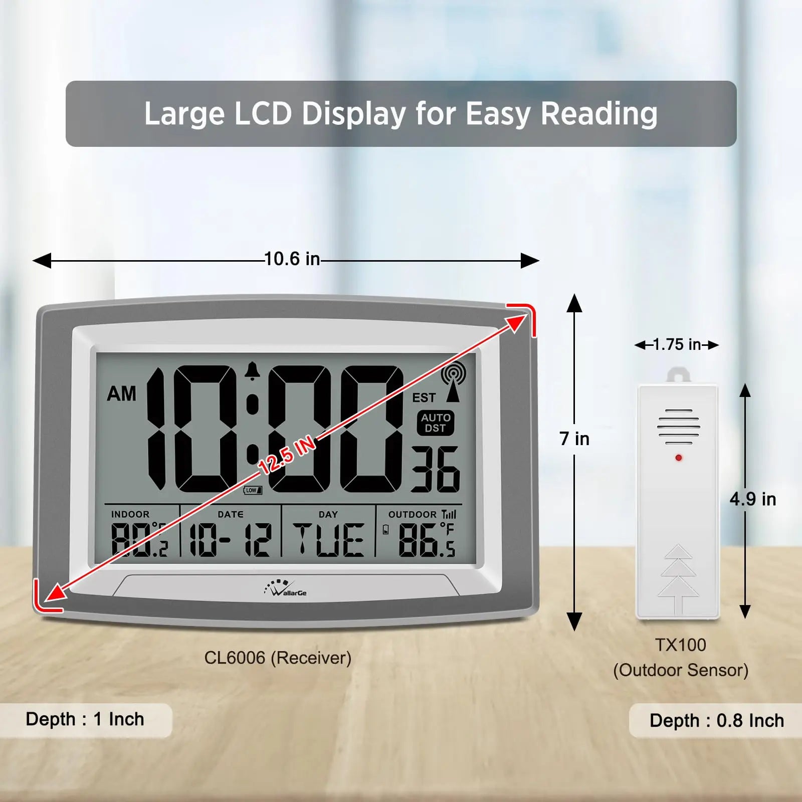 WallarGe 12.5-Inch Atomic Clock with Indoor/Outdoor Temperature Display WallarGe