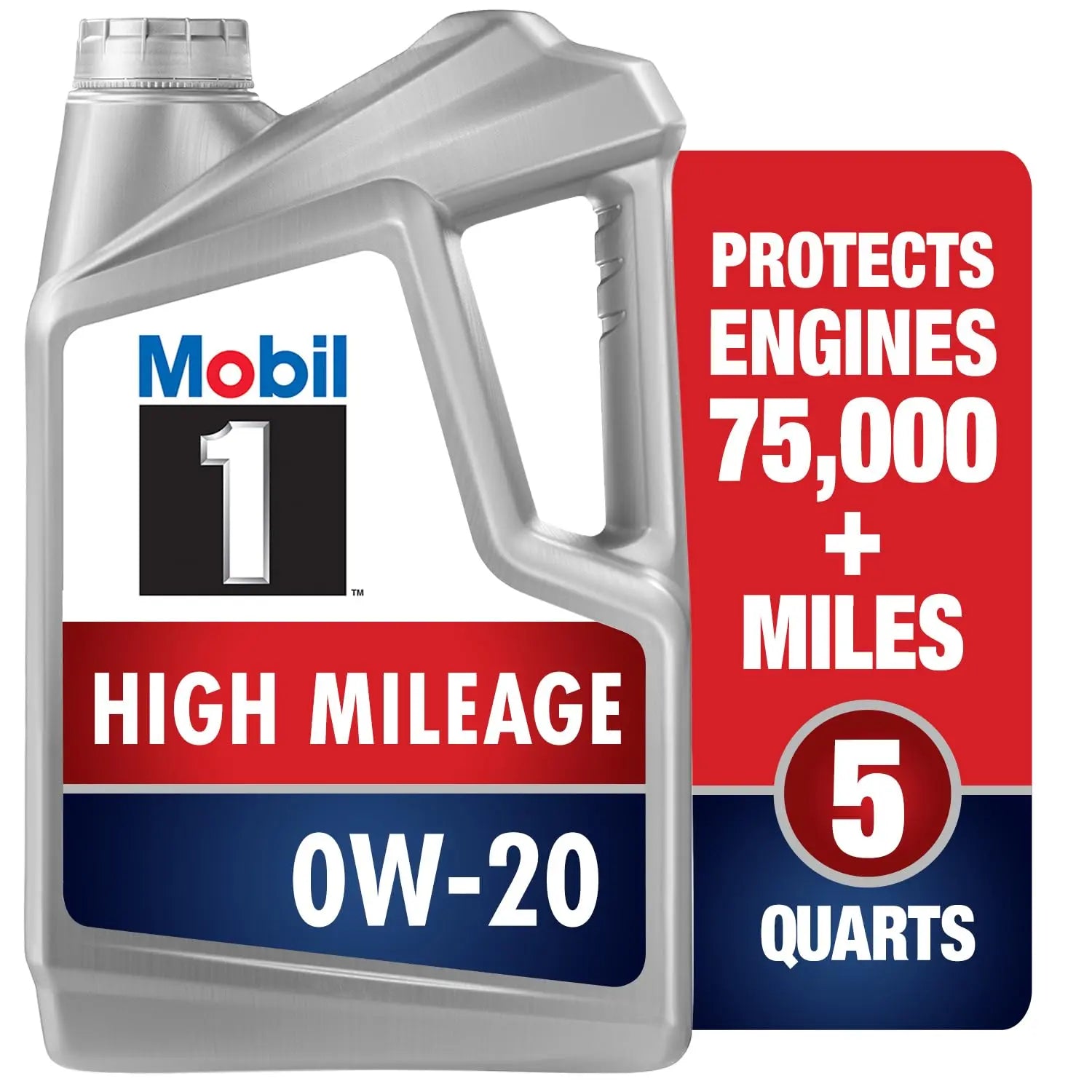 Mobil 1 High Mileage Full Synthetic Motor Oil 0W-20, 5 Quart, Gray Mobil