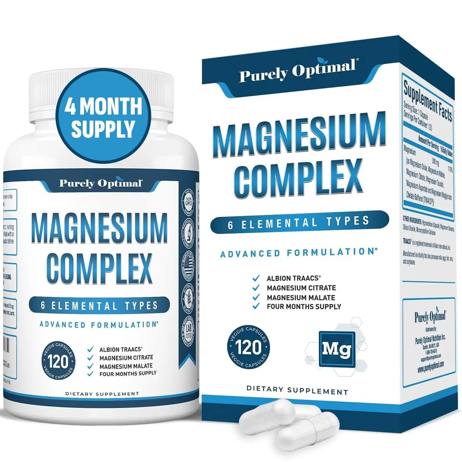 Magnesium Complex 500mg - Sleep & Muscle Support - 120 Caps Purely Optimal