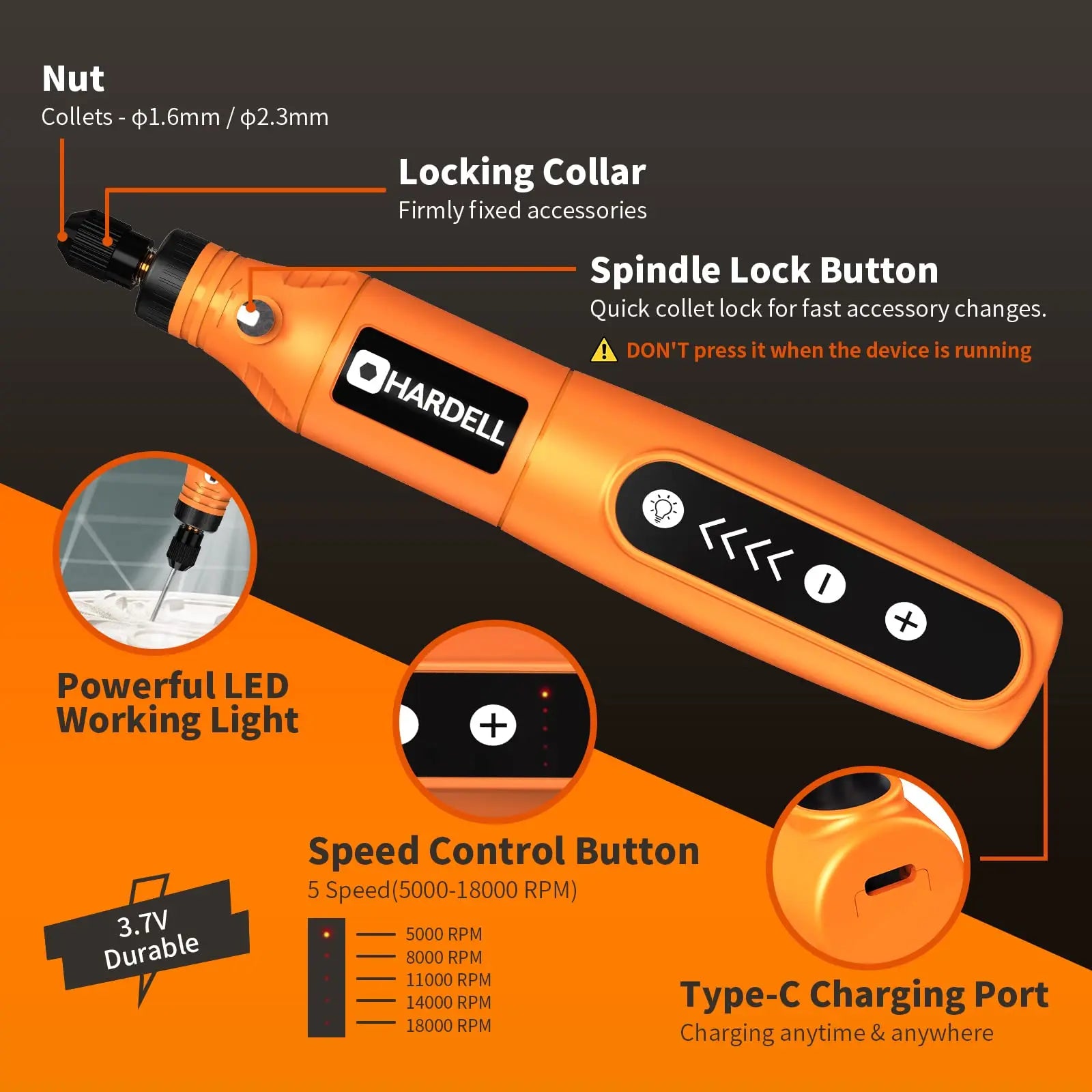 HARDELL Mini Cordless Rotary Tool Kit - 5-Speed with 61 Accessories HARDELL