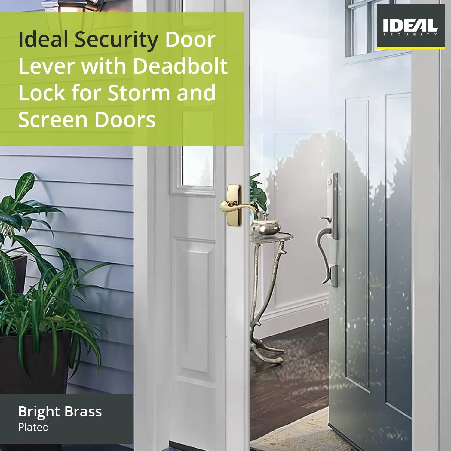 Ideal Security Door Lever with Deadbolt Lock for Storm and Screen Doors, Bright Brass Ideal Security