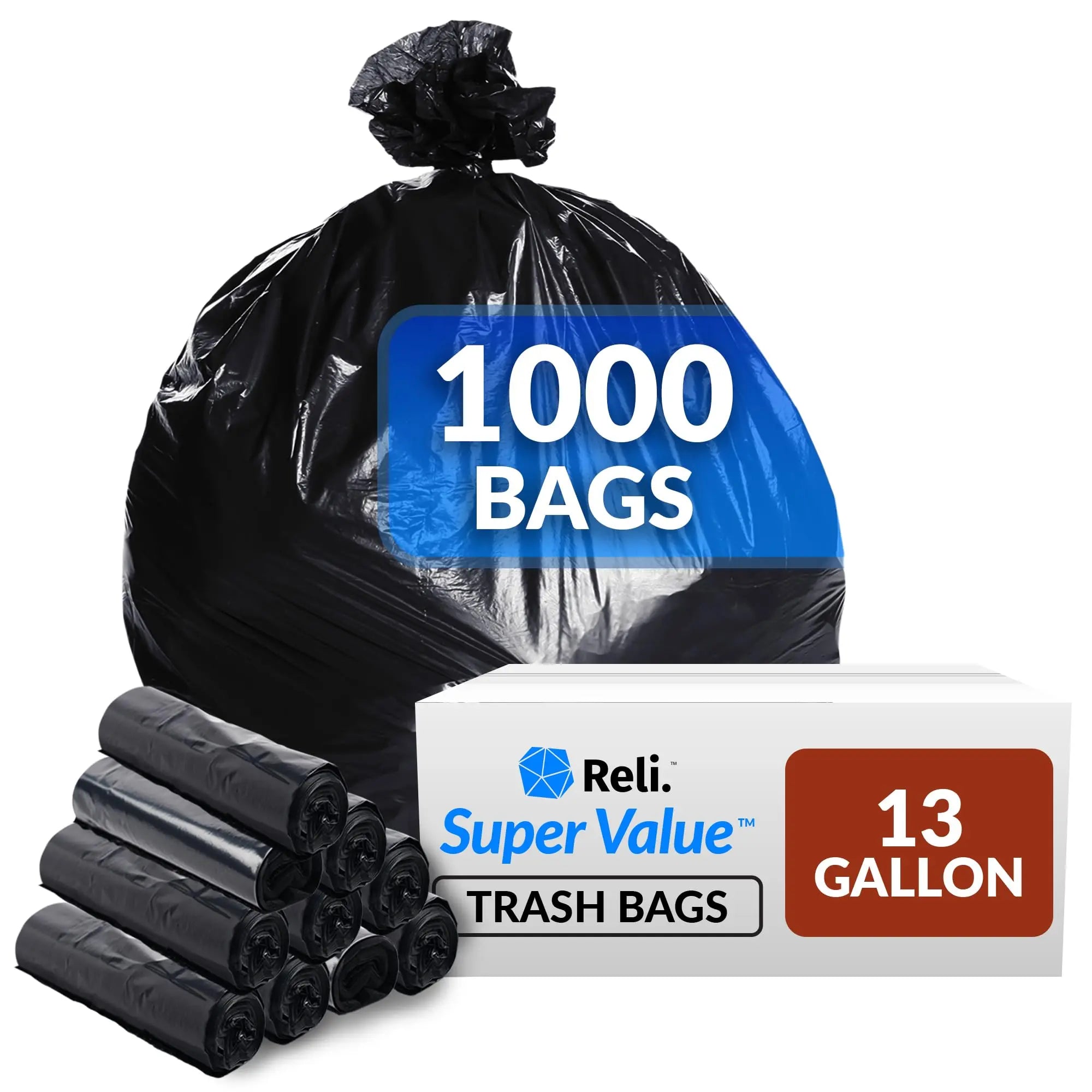 Reli. SuperValue 13 Gallon Black Trash Bags - 1000 Count Bulk Can Liners Reli.