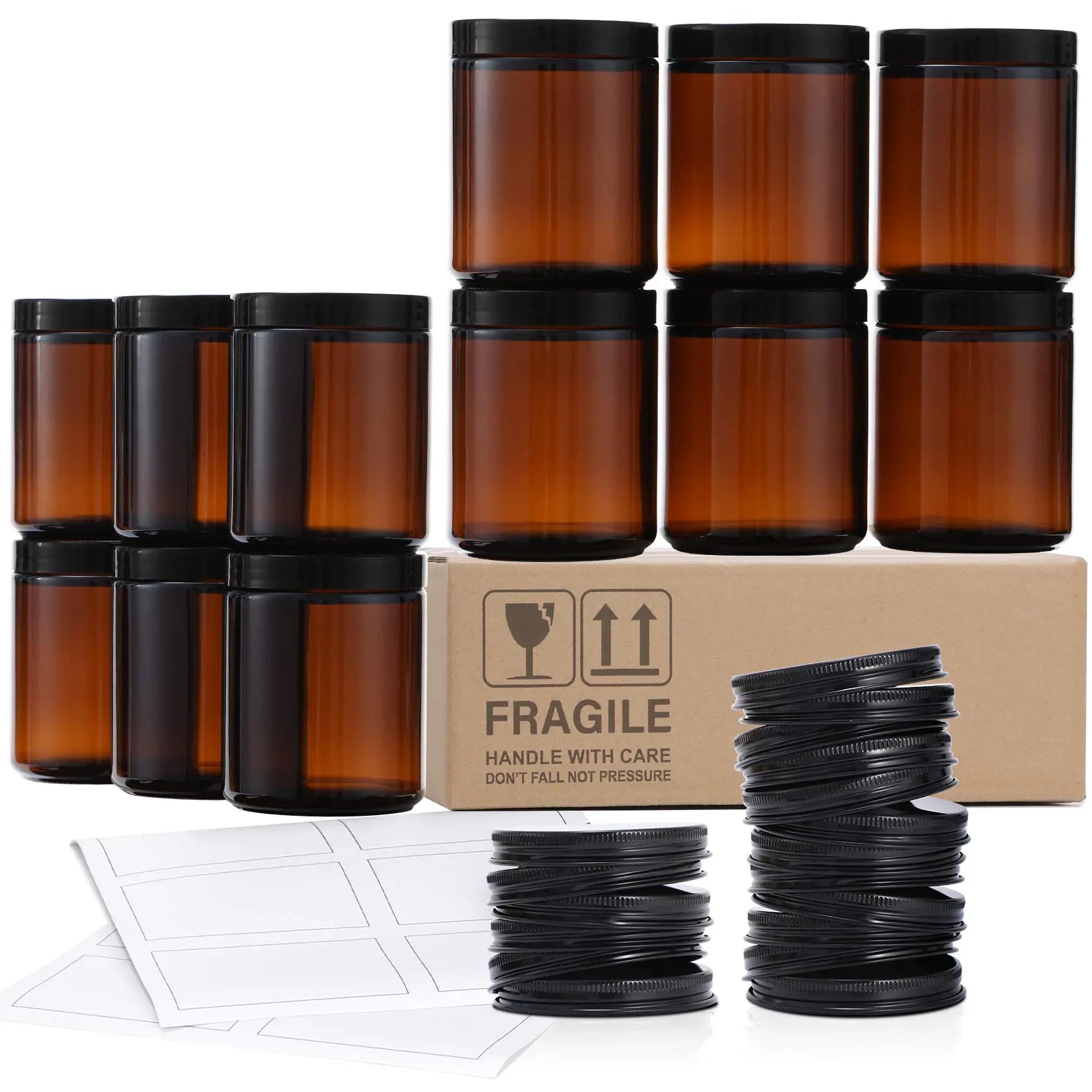 12 Pack 8 OZ Amber Glass Jars with Metal & Plastic Lids AOZITA