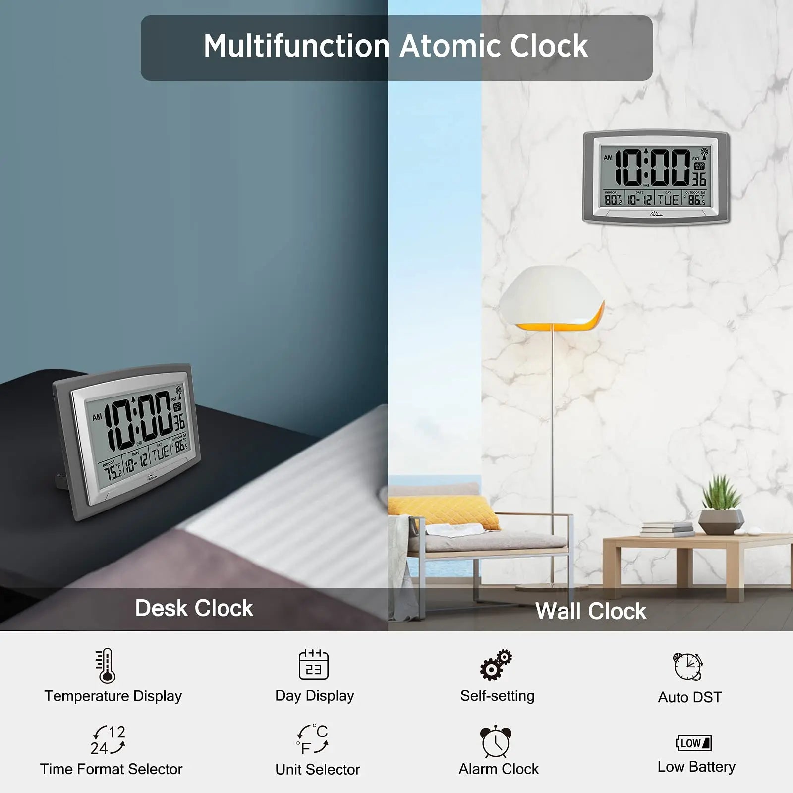 WallarGe 12.5-Inch Atomic Clock with Indoor/Outdoor Temperature Display WallarGe