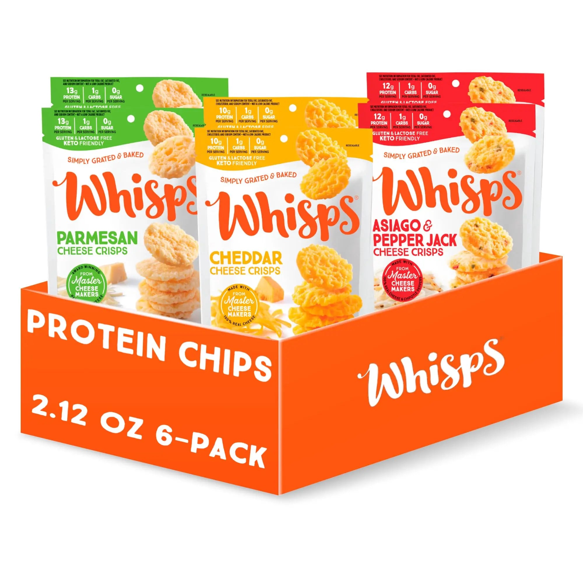 Whisps Cheese Crisps Variety Pack | Protein Chips | Healthy Snacks | Protein Snacks, Gluten Free, High Protein, Low Carb Keto Food | Parmesan, Cheddar Cheese, Asiago, Pepper Jack (2.12 Oz, 6 Pack) Whisps