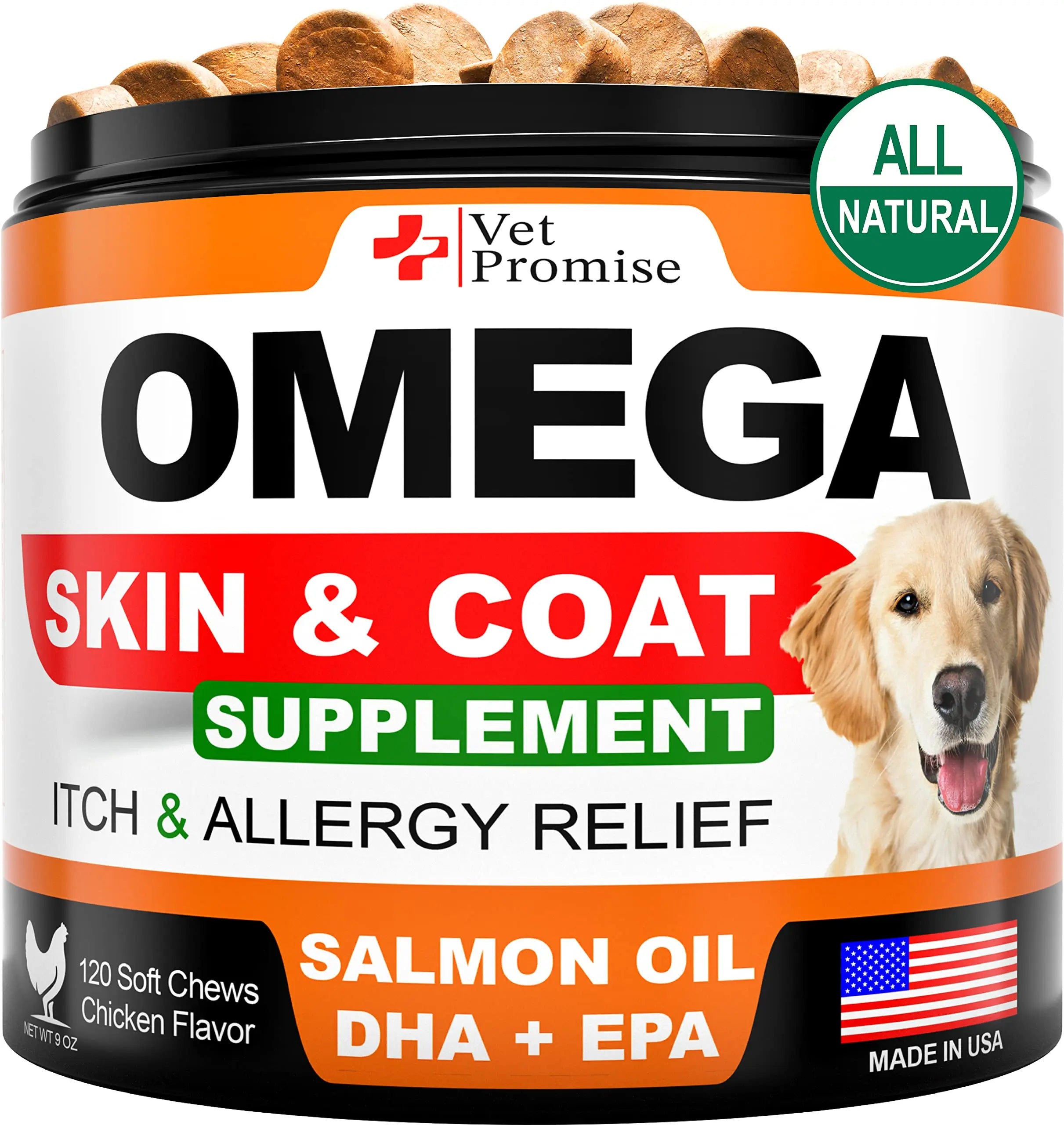 Omega 3 Fish Oil for Dogs - Skin & Coat Chews (120 Treats) Vet Promise