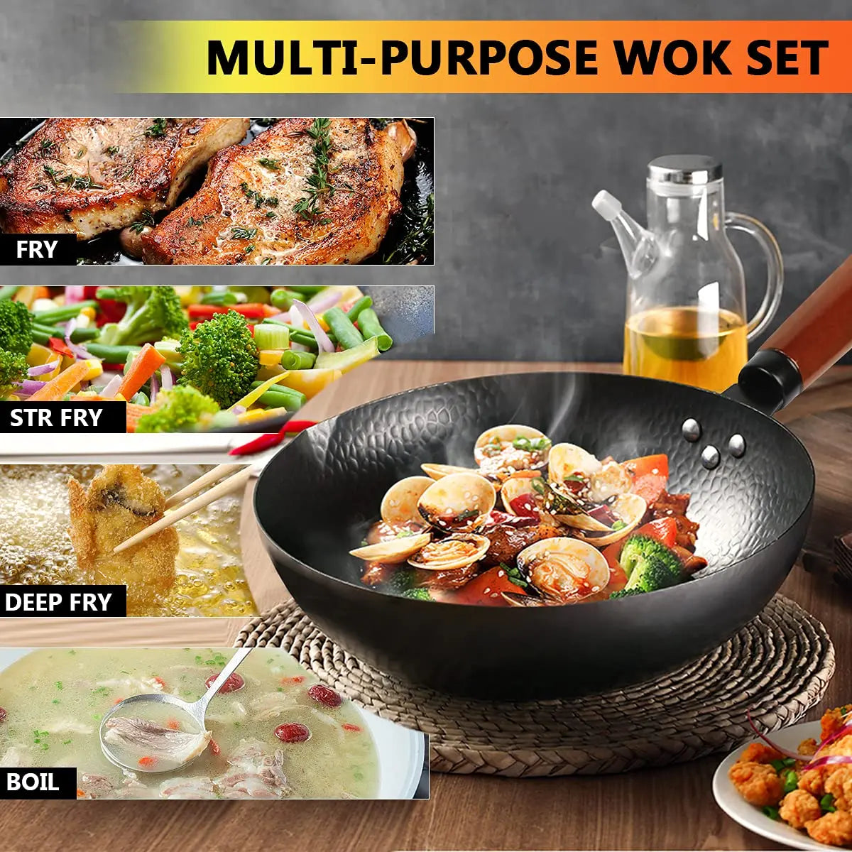 KAQINU 14-Piece Carbon Steel Wok Set - 12.6" with Wooden Lid kaqinu