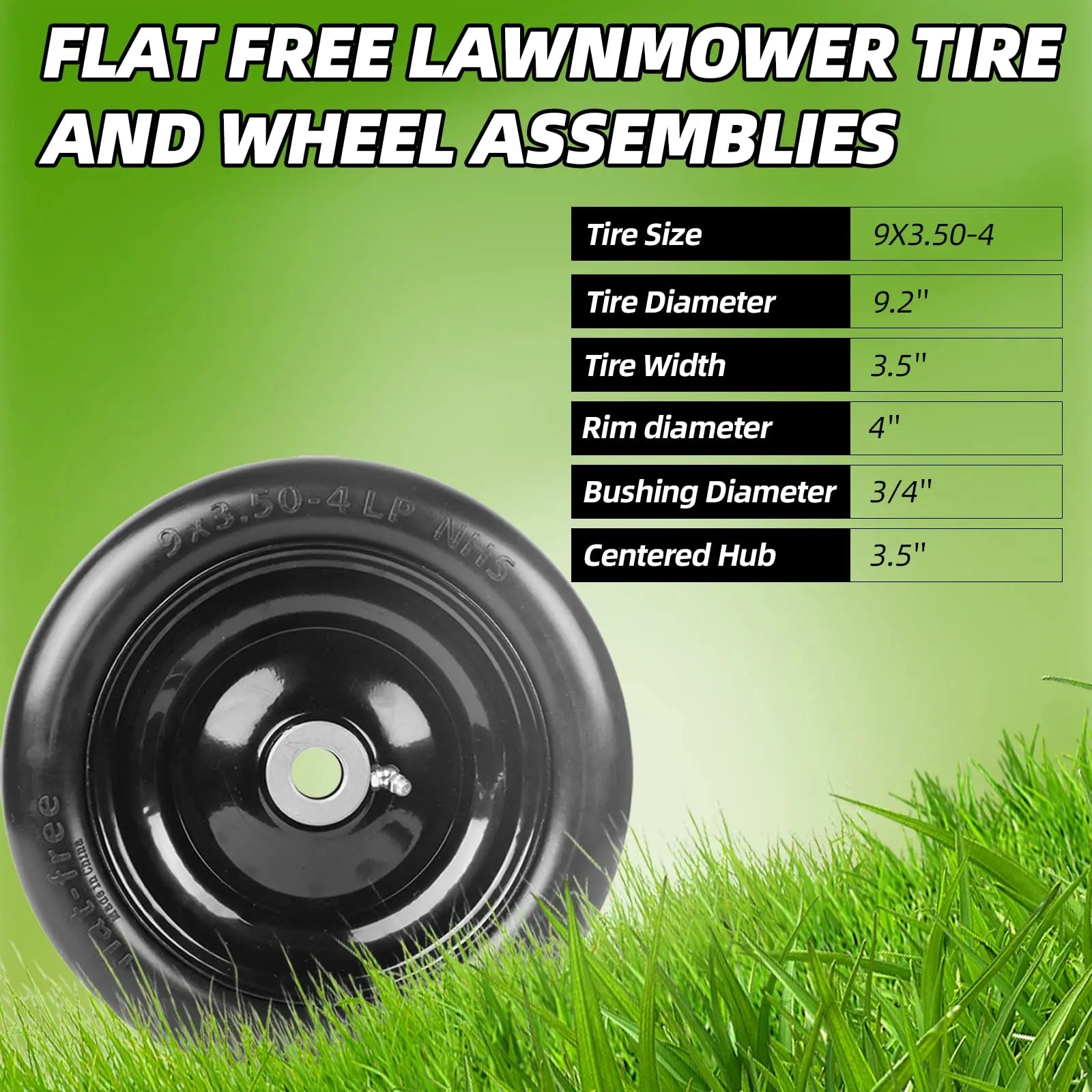 (2-Pack) 9x3.50-4” Flat-Free Lawnmower Tires & Wheels AR-PRO