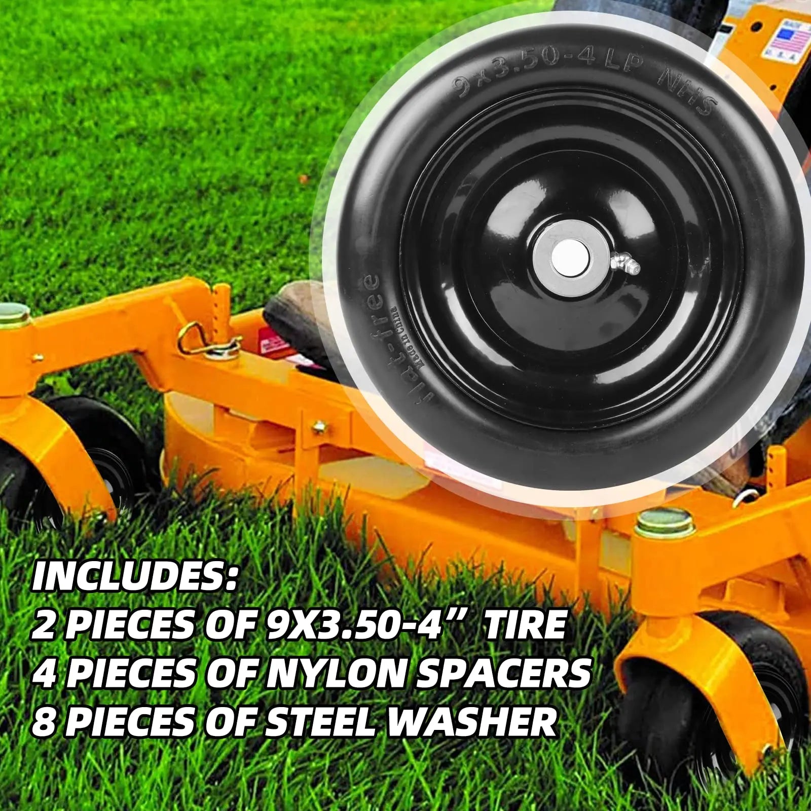 (2-Pack) 9x3.50-4” Flat-Free Lawnmower Tires & Wheels AR-PRO