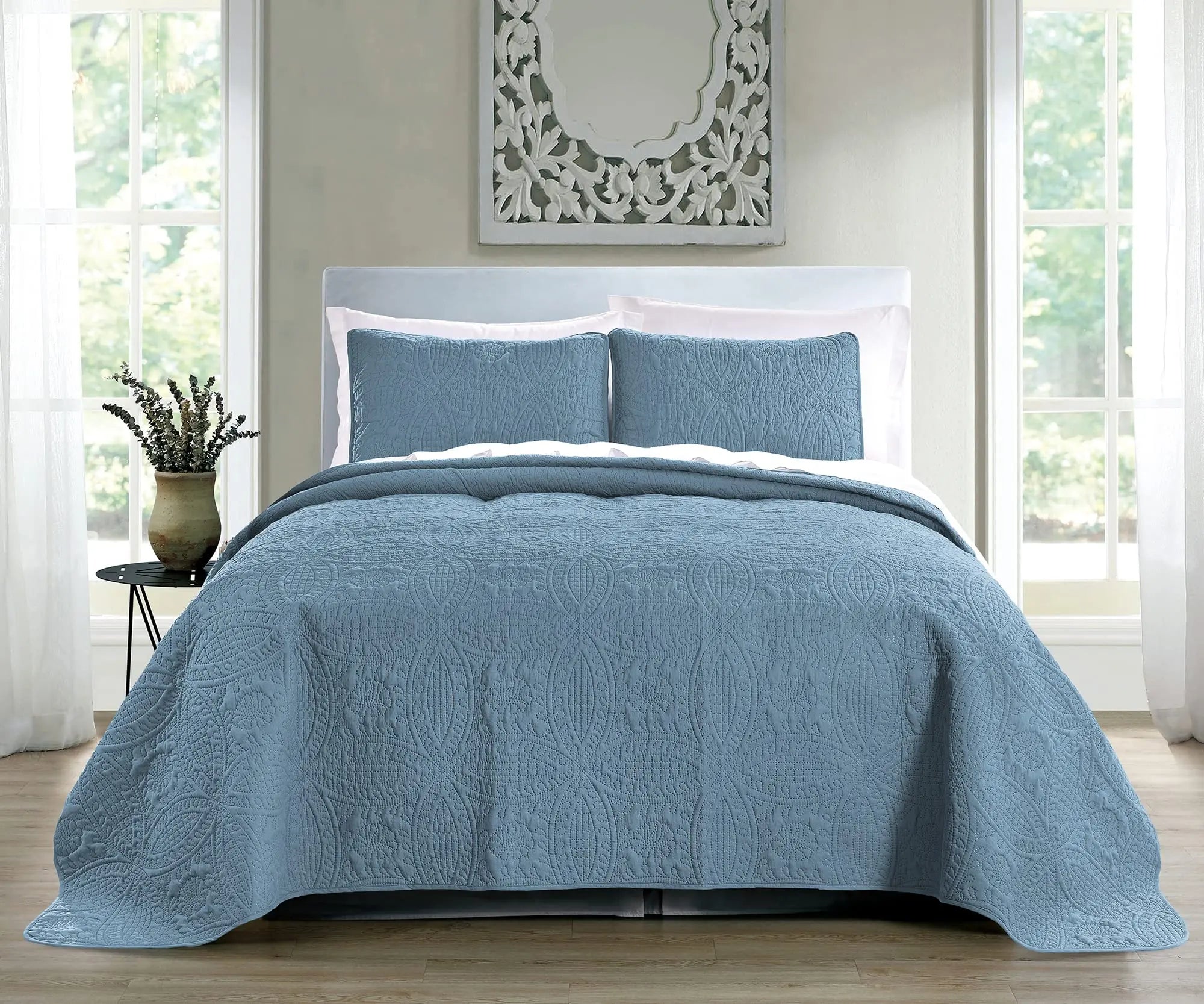 Oversized King/California King Quilt Set - Ash Blue Geometric Design Pure Bedding