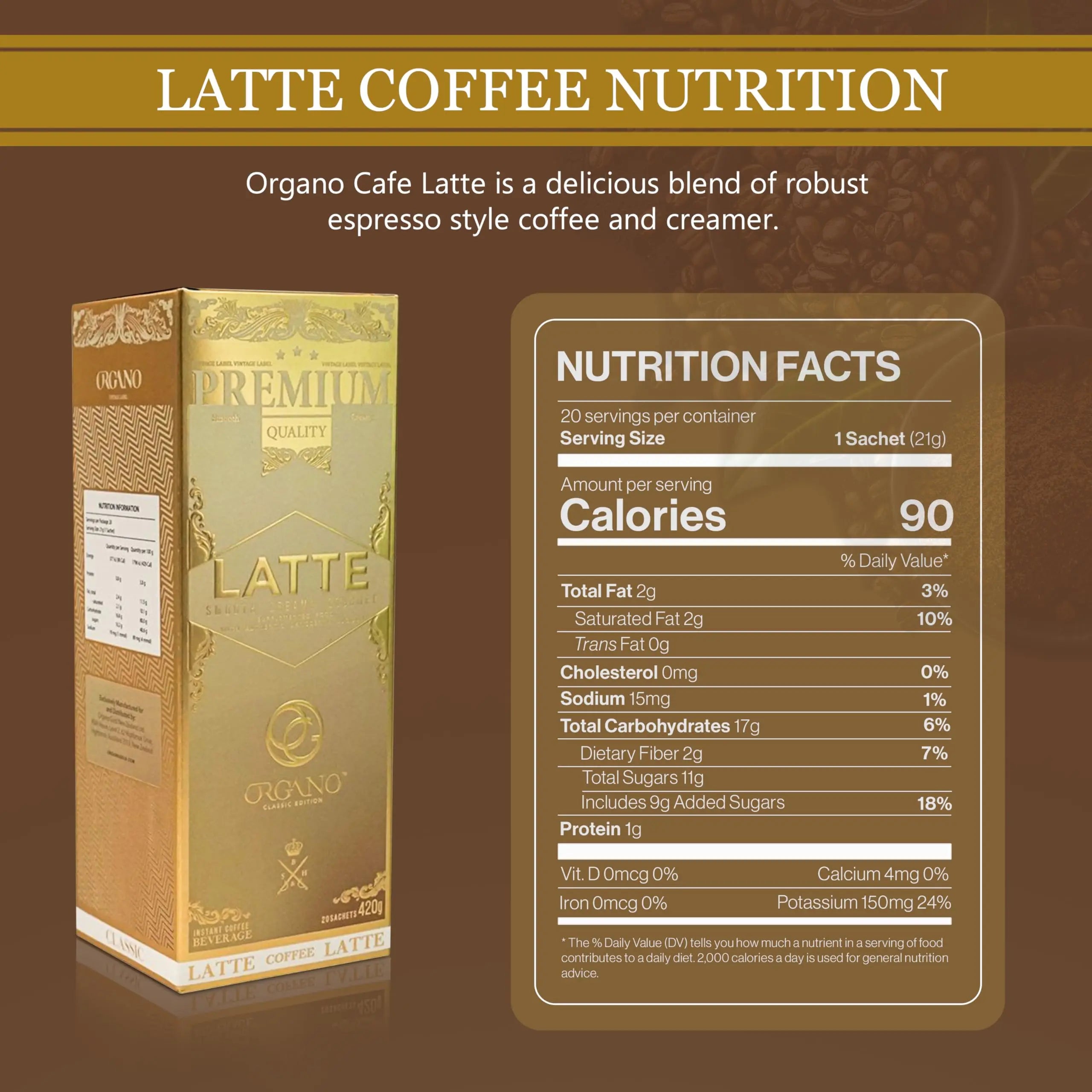 ORGANO Gourmet Cafe Latte, 100% Certified Ganoderma Lucidum (1 Box of 20 Sachets) Organo