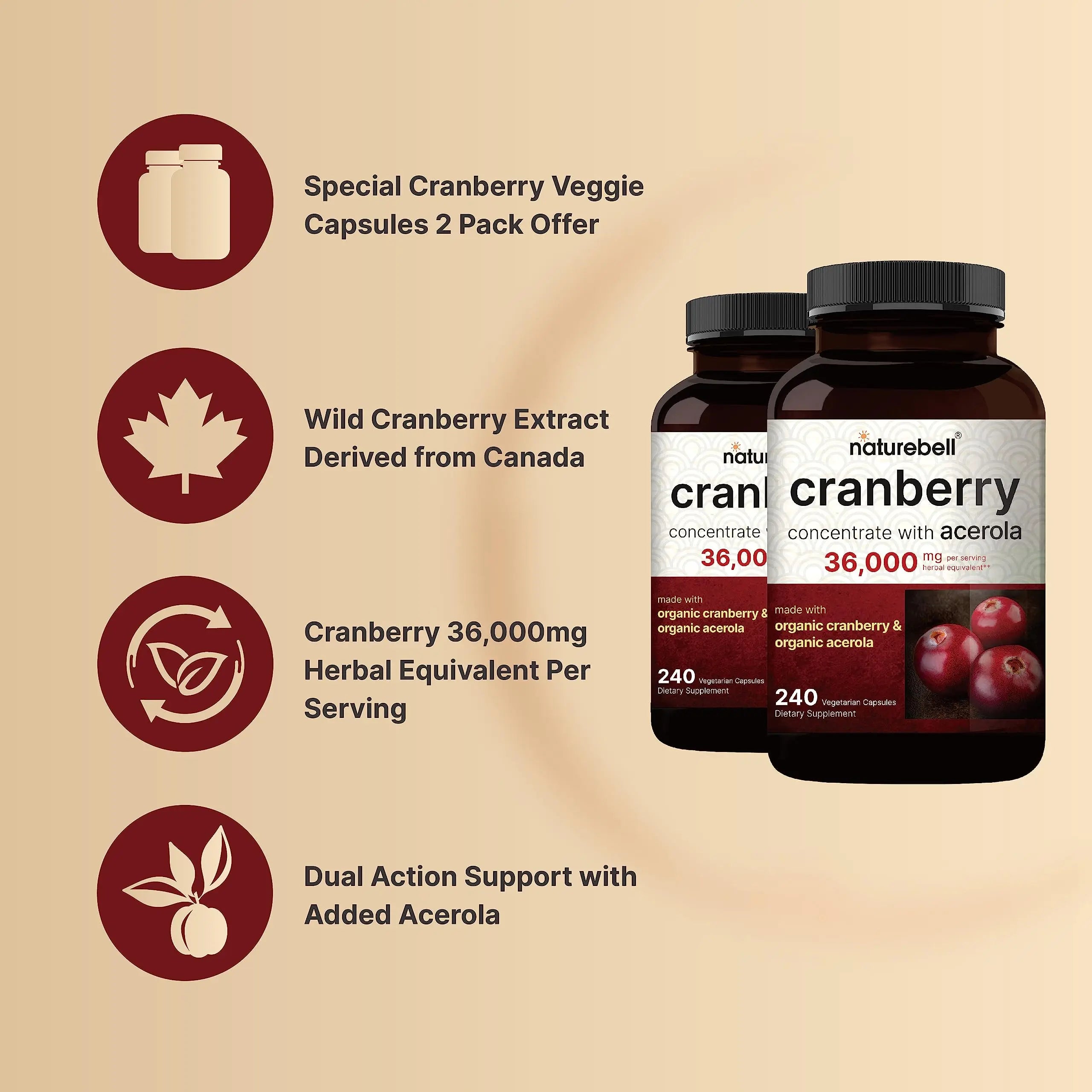 NatureBell Cranberry Pills 36,000mg – 2 Pack, 480 Veggie Capsules NatureBell