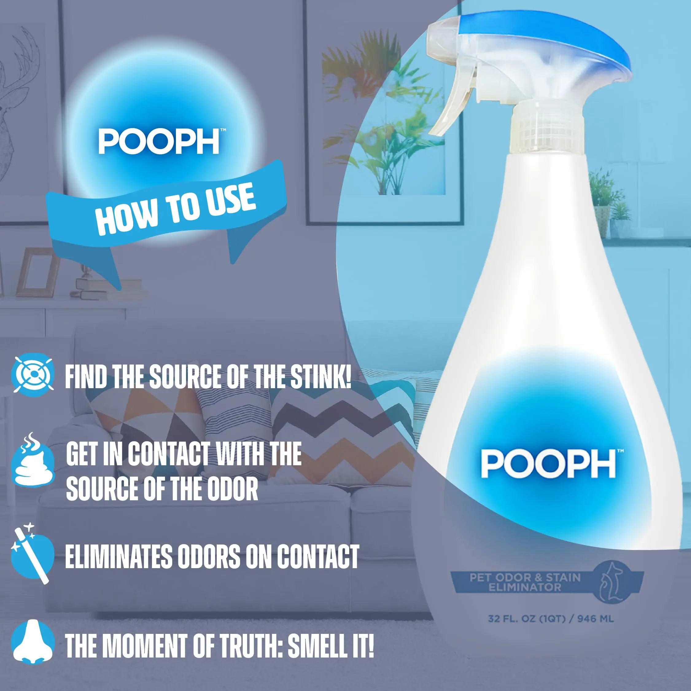 Pooph Pet Odor Eliminator, 32oz Spray - Dismantles Odors on a Molecular Basis, Dogs, Cats, Freshener, Urine, Poop, Pee, Deodorizer, Natures, Puppy, Fresh, Clean, Furniture, Potty, Safe POOPH