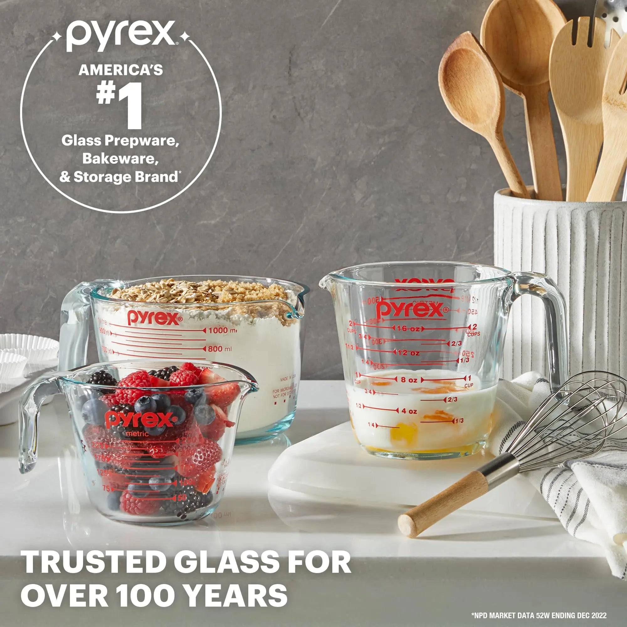 Pyrex 3PC Glass, 1 Cup, 2 Cup, 4 Cup, 3 PC Measuring Cup Set Pyrex