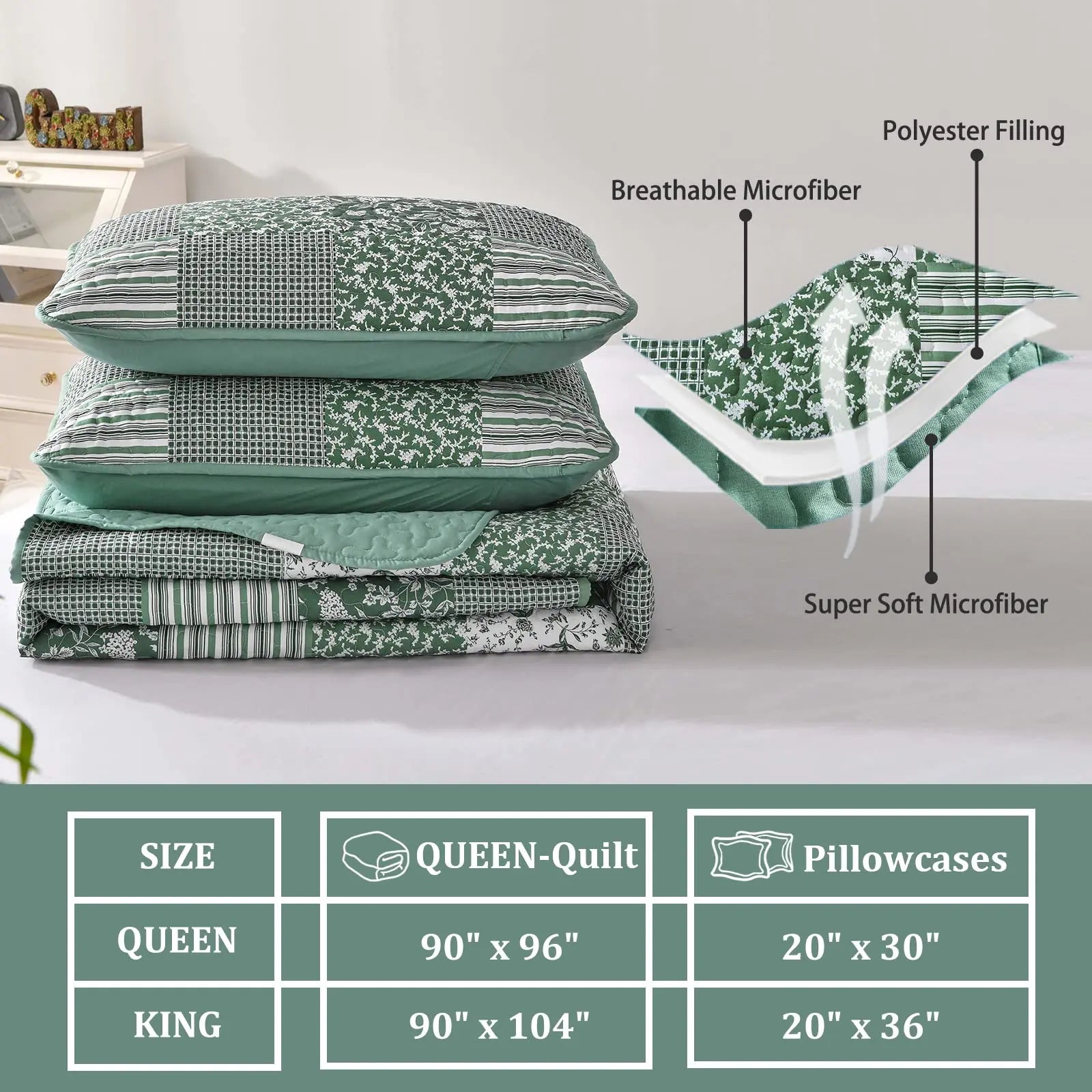 Mybedsoul Sage Green Boho King Quilt Set - 3-Piece Reversible Mybedsoul