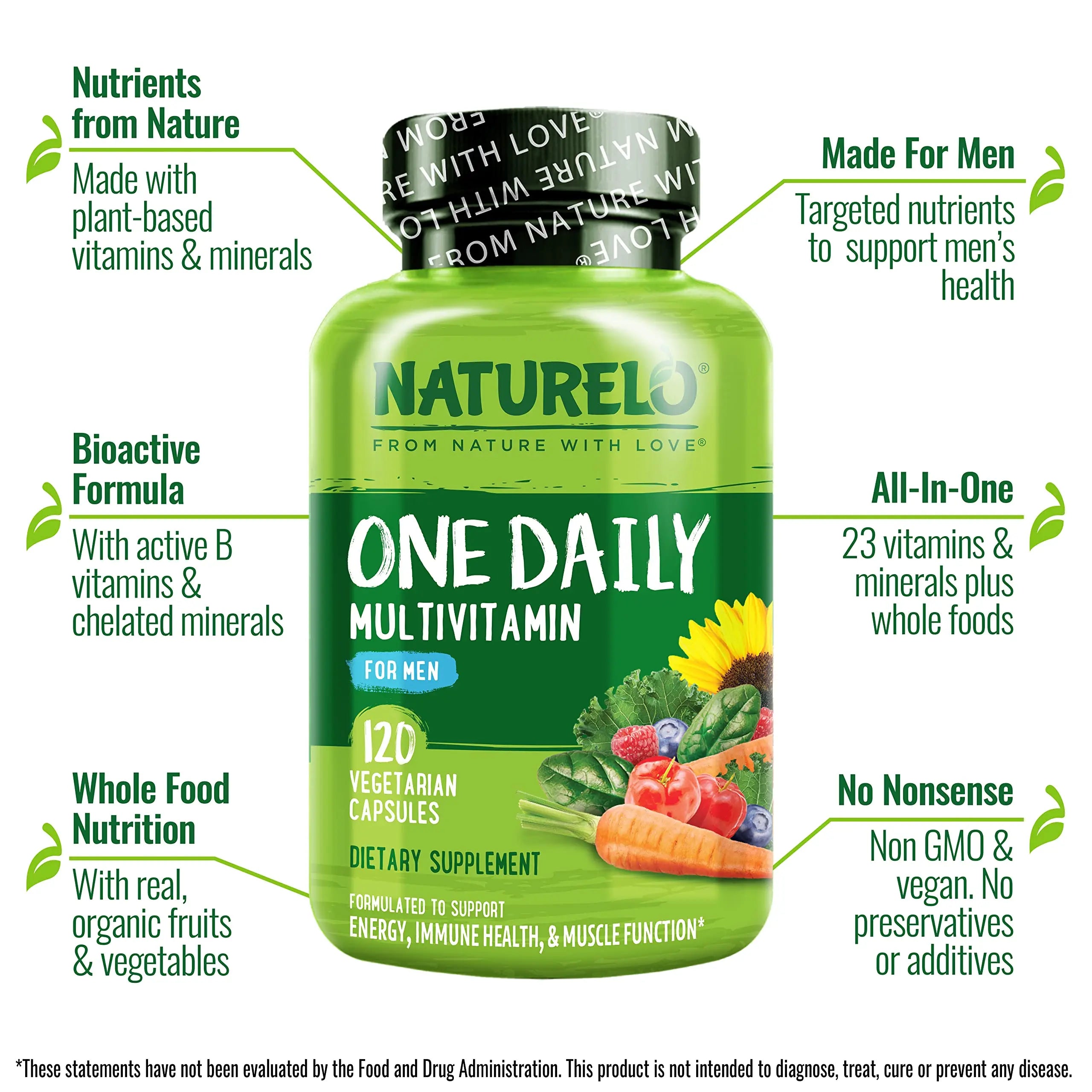 NATURELO Mens Multivitamins - One Daily Multivitamin for Men with Vitamins, Minerals & Organic Whole Foods, Boost Energy & Health, Non-GMO, 120 Vegetarian Capsules NATURELO